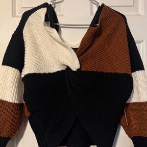 Source Unknown Off-the-Shoulder Colorblock Sweater - Black, White, Brown
